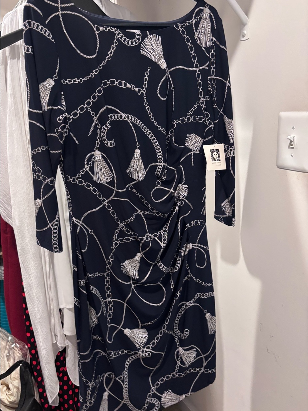Anne Klein Navy Chain & Tassel Print Knit Dress